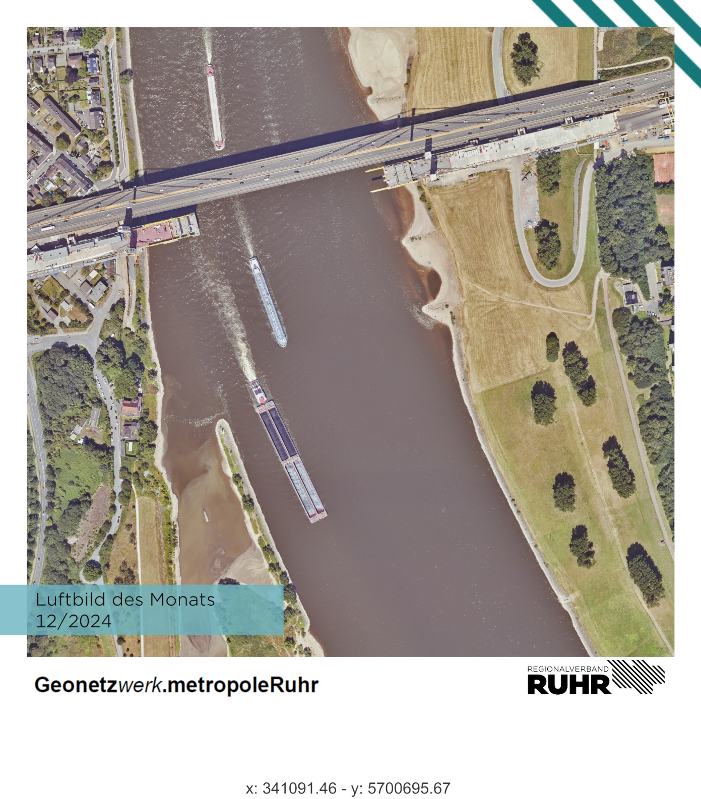 Neubau der Rheinbrücke Duisburg-Neuenkamp (Stand Juli 2022). Das südliche Teilbauwerk ist in noch Bau. 